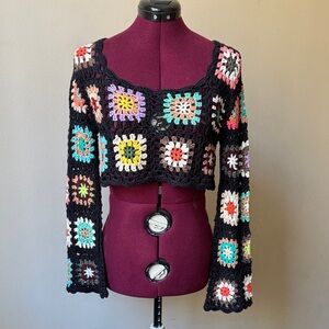 Colorful Granny Squares Afghan Cropped Sweater Crochet Crop Top Boho Hippie